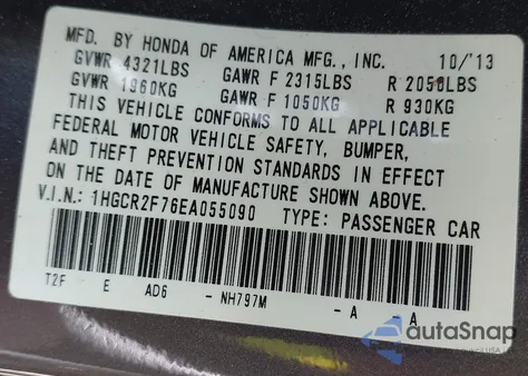2014 Honda Accord Ex z USA, uszkodzony, nr VIN 1HGCR2F76EA055090